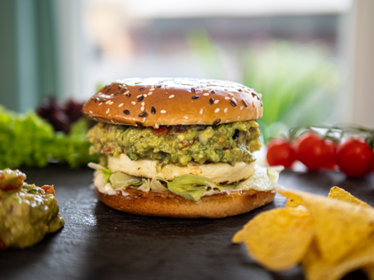 Guacamole burger with burger shaped Grill Cheese