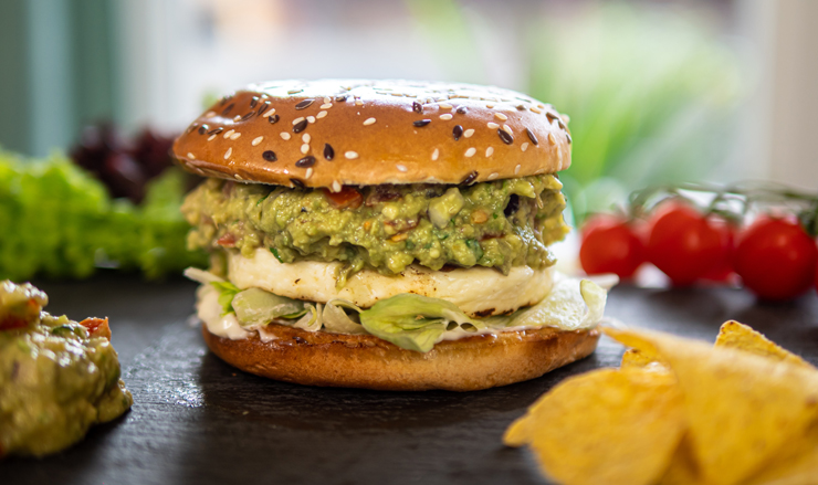 Guacamole burger with burger shaped Grill Cheese